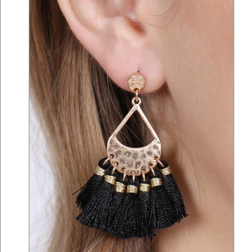 Black Thread Tassel Fringe Boho Hammered Teardrop Metal Drop Earrings